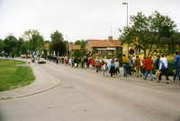 Sveriges nationaldag och svenska flaggans dag firas den 6 juni 1996. Deltagarna marscherar här på Gärdesvägen, på väg från Kommunalhusparken till Väsby kvarn. I spetsen går fanbärarna med Svenska flaggan.