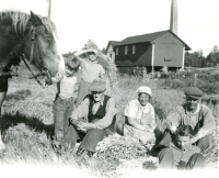 Rast för folket och hästen under skördearbetet på Backa gårds ägor sommaren 1954. Från vänster Anders Lindgren, hans kusin Bengt Hellbom, Karlsson från Backalund arbetare på gården, Elsa Karlsson, Nils Karlsson och pojken Sven, son till Elsa. Fotot är taget vid sågen, Kårstaån.