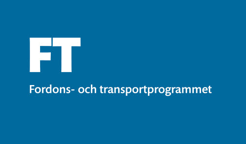 Kornblå bakgrund med Fordons- och transportprogrammets text och initialer i vit text.