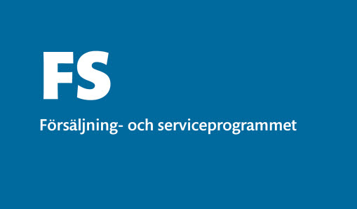 Kornblå bakgrund med Försäljning- och serviceprogrammet och dess initialer FS i vit text.