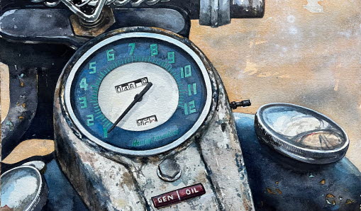 Hastighetsmätare på motorcykel målad i akvarell